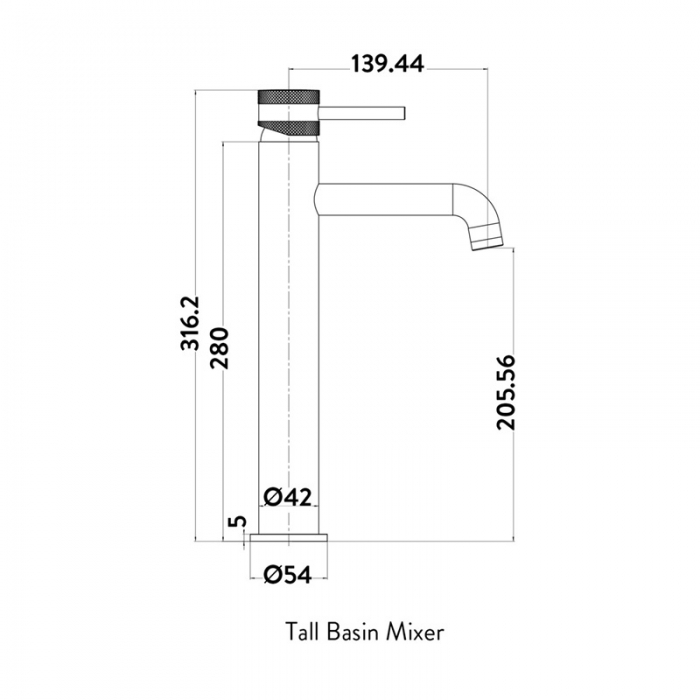 Scudo Core Tall Basin Mono Mixer Gunmetal - Cad Drawing